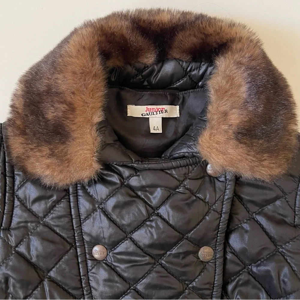 Junior Gaultier Girls’ Black Quilted Winter Jacket with Faux Fur Trim - 4Y